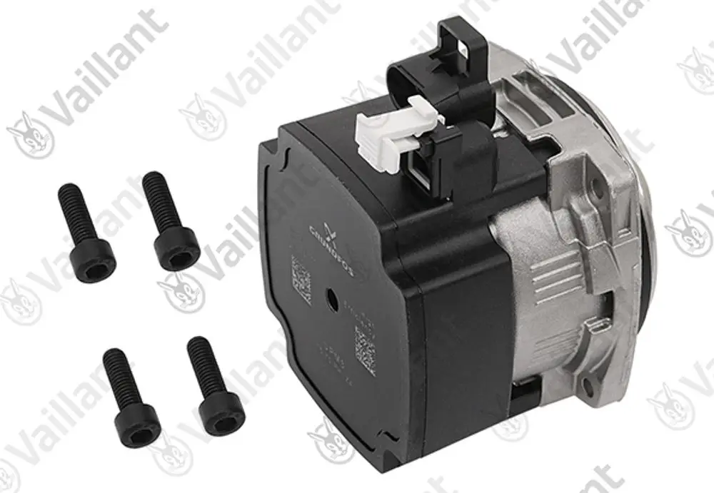 Vaillant Pumpenmotor mit einer schwarzen und silbernen Gehäuseoberfläche, ausgestattet mit Anschlusssteckern und drei schwarzen Schrauben im Bild.